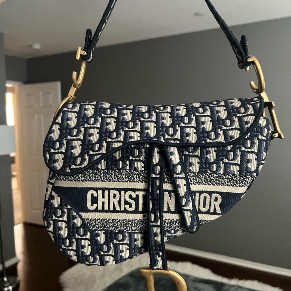 Authentic Christian Dior Navy blue and cream Monogram shoulder Saddle Bag